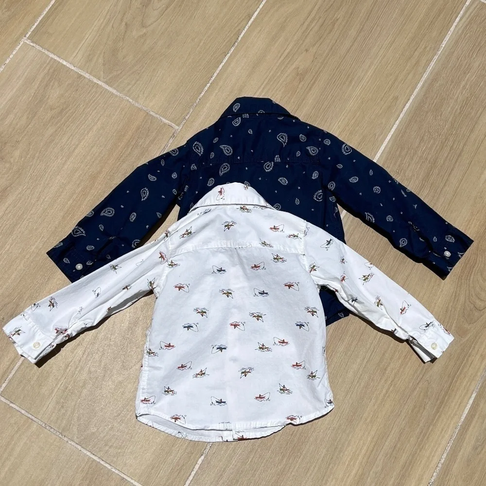Carter's Size 18 Months Boys Button Down Shirt Bundle Navy & White Long Sleeves
